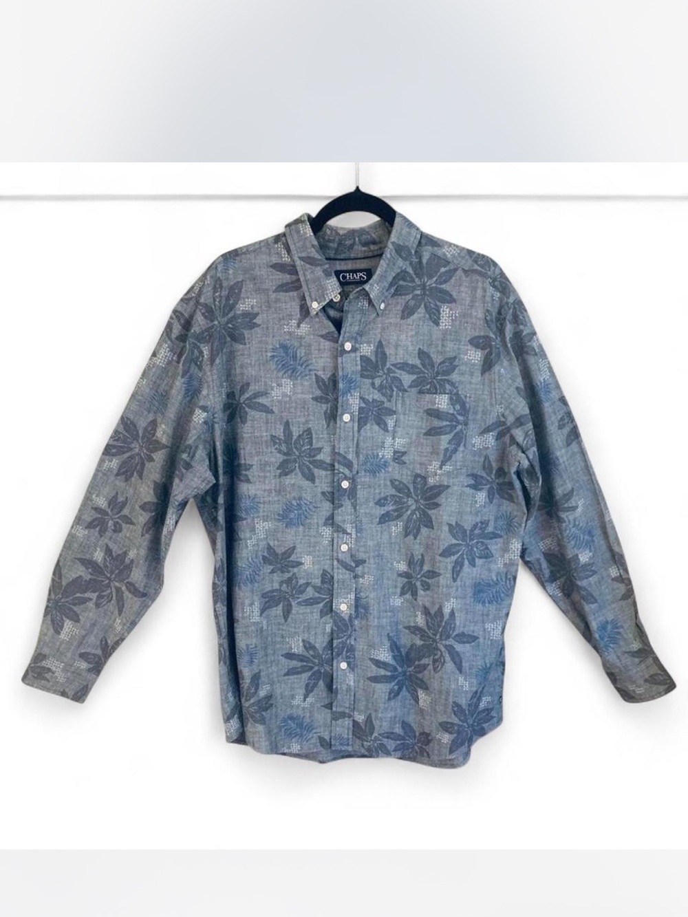 Preppy Casual Tropical Cotton Chaps Men's Blue-Gray button-Up Shirt size XL